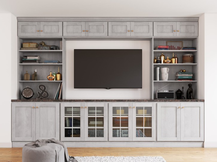 Stylish entertainment center featuring a flat-screen TV, open shelves, and storage cabinets. Perfect for a contemporary living room setup.
