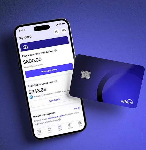 A blue Affirm-branded credit card next to a cellphone showing an Affirm credit application.